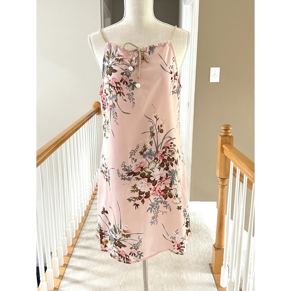 Shein‎ Pink Floral Mini Dress Pearl Rope Straps Sleeveless Shift S